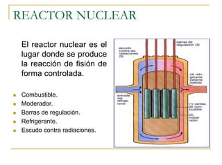 REACTOR NUCLEAR

 El reactor nuclear es el
 lugar donde se produce
 la reacción de fisión de
 forma controlada.

 Combustible.
 Moderador.
 Barras de regulación.
 Refrigerante.
 Escudo contra radiaciones.
 
