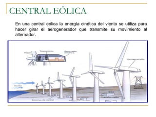 CENTRAL EÓLICA
 En una central eólica la energía cinética del viento se utiliza para
 hacer girar el aerogenerador que transmite su movimiento al
 alternador.
 