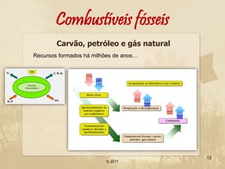 Combustíveis fósseis
        Carvão, petróleo e gás natural
Recursos formados há milhões de anos…




                                         13
                         IL 2011
 