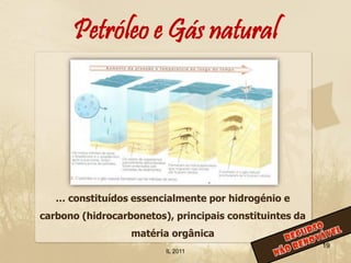 Petróleo e Gás natural




   … constituídos essencialmente por hidrogénio e
carbono (hidrocarbonetos), principais constituintes da
                  matéria orgânica
                                                         19
                         IL 2011
 