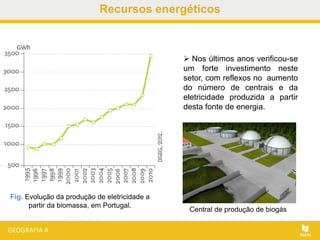 Recursos energéticos
Fig. Evolução da produção de eletricidade a
partir da biomassa, em Portugal.
 Nos últimos anos verificou-se
um forte investimento neste
setor, com reflexos no aumento
do número de centrais e da
eletricidade produzida a partir
desta fonte de energia.
Central de produção de biogás
 
