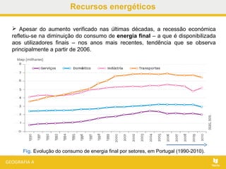 Recursos energéticos
 Apesar do aumento verificado nas últimas décadas, a recessão económica
refletiu-se na diminuição do consumo de energia final – a que é disponibilizada
aos utilizadores finais – nos anos mais recentes, tendência que se observa
principalmente a partir de 2006.
Fig. Evolução do consumo de energia final por setores, em Portugal (1990-2010).
 