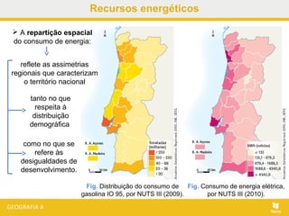 Recursos energéticos
Fig. Distribuição do consumo de
gasolina IO 95, por NUTS III (2009).
Fig. Consumo de energia elétrica,
por NUTS III (2010).
 A repartição espacial
do consumo de energia:
como no que se
refere às
desigualdades de
desenvolvimento.
reflete as assimetrias
regionais que caracterizam
o território nacional
tanto no que
respeita à
distribuição
demográfica
 