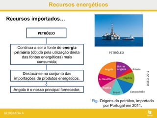 Recursos energéticos
PETRÓLEO
Continua a ser a fonte de energia
primária (obtida pela utilização direta
das fontes energéticas) mais
consumida;
Destaca-se no conjunto das
importações de produtos energéticos.
Angola é o nosso principal fornecedor.
Recursos importados…
Fig. Origens do petróleo, importado
por Portugal em 2011.
DGEG,2012
 
