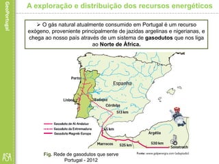  O gás natural atualmente consumido em Portugal é um recurso
exógeno, proveniente principalmente de jazidas argelinas e nigerianas, e
chega ao nosso país através de um sistema de gasodutos que nos liga
ao Norte de África.
A exploração e distribuição dos recursos energéticos
Fig. Rede de gasodutos que serve
Portugal - 2012
 