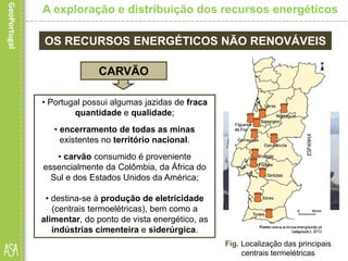 • Portugal possui algumas jazidas de fraca
quantidade e qualidade;
• encerramento de todas as minas
existentes no território nacional.
• carvão consumido é proveniente
essencialmente da Colômbia, da África do
Sul e dos Estados Unidos da América;
• destina-se à produção de eletricidade
(centrais termoelétricas), bem como a
alimentar, do ponto de vista energético, as
indústrias cimenteira e siderúrgica.
A exploração e distribuição dos recursos energéticos
OS RECURSOS ENERGÉTICOS NÃO RENOVÁVEIS
CARVÃO
Fig. Amostra de carvãoFig. Mina de carvãoFig. Transporte de carvão
Fig. Localização das principais
centrais termelétricas
 