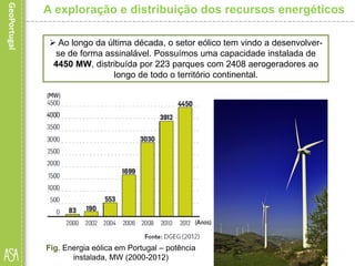  Ao longo da última década, o setor eólico tem vindo a desenvolver-
se de forma assinalável. Possuímos uma capacidade instalada de
4450 MW, distribuída por 223 parques com 2408 aerogeradores ao
longo de todo o território continental.
Fig. Energia eólica em Portugal – potência
instalada, MW (2000-2012)
A exploração e distribuição dos recursos energéticos
 