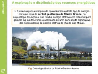  Existem alguns exemplos de aproveitamento deste tipo de energia,
como no caso da central geotérmica da Ribeira Grande, no
arquipélago dos Açores, que produz energia elétrica com potencial para
garantir, na sua fase final, a satisfação de uma parte muito significativa
das necessidades de energia elétrica da ilha de São Miguel.
Fig. Central geotérmica da Ribeira Grande – Açores
A exploração e distribuição dos recursos energéticos
 