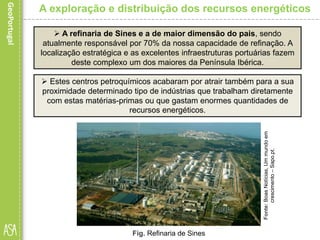  A refinaria de Sines e a de maior dimensão do pais, sendo
atualmente responsável por 70% da nossa capacidade de refinação. A
localização estratégica e as excelentes infraestruturas portuárias fazem
deste complexo um dos maiores da Península Ibérica.
A exploração e distribuição dos recursos energéticos
 Estes centros petroquímicos acabaram por atrair também para a sua
proximidade determinado tipo de indústrias que trabalham diretamente
com estas matérias-primas ou que gastam enormes quantidades de
recursos energéticos.
Fig. Refinaria de Sines
Fonte:BoasNotícias,Ummundoem
crescimento–Sapo.pt.
 