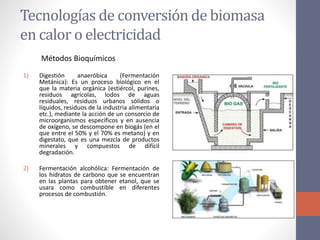 Tecnologías de conversión de biomasa
en calor o electricidad
1) Digestión anaeróbica (Fermentación
Metánica): Es un proceso biológico en el
que la materia orgánica (estiércol, purines,
residuos agrícolas, lodos de aguas
residuales, residuos urbanos sólidos o
líquidos, residuos de la industria alimentaria
etc.), mediante la acción de un consorcio de
microorganismos específicos y en ausencia
de oxígeno, se descompone en biogás (en el
que entre el 50% y el 70% es metano) y en
digestato, que es una mezcla de productos
minerales y compuestos de difícil
degradación.
2) Fermentación alcohólica: Fermentación de
los hidratos de carbono que se encuentran
en las plantas para obtener etanol, que se
usara como combustible en diferentes
procesos de combustión.
Métodos Bioquímicos
 