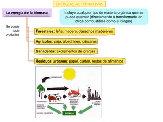 ENERGÍAS ALTERNATIVAS
La energía de la biomasa Incluye cualquier tipo de materia orgánica que se
pueda quemar (directament...