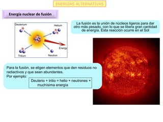 ENERGÍAS ALTERNATIVAS
Energía nuclear de fusión
La fusión es la unión de núcleos ligeros para dar
otro más pesado, con lo ...