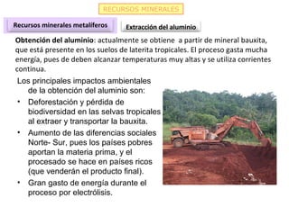 RECURSOS MINERALES
Recursos minerales metalíferos Extracción del aluminio
Los principales impactos ambientales
de la obten...