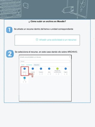 5
¿ Cómo subir un archivo en Moodle?
Se añade un recurso dentro del tema o unidad correspondiente
Se selecciona el recurso, en este caso dando clic sobre ARCHIVO.
 