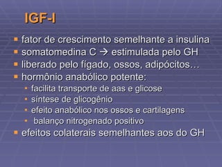 IGF-I fator de crescimento semelhante a insulina somatomedina C    estimulada pelo GH liberado pelo fígado, ossos, adipócitos… hormônio anabólico potente: facilita transporte de aas e glicose síntese de glicogênio efeito anabólico nos ossos e cartilagens balanço nitrogenado positivo efeitos colaterais semelhantes aos do GH 