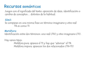 Recursos semánticos
Juegos con el significado del texto: oposición de ideas, identificación o
cambio de conceptos… distintos de lo habitual.
Símil:
Se comparan en una misma frase un término imaginario y otro real
TR es como TI
Metáfora:
Identificación entre dos términos: uno real (TR) y otro imaginario (TI).
Hay varios tipos:
Metáfora pura: aparece el TI y hay que “adivinar” el TR
Metáfora impura: aparecen los dos relacionados (TR=TI)

 