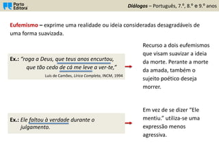 Diálogos – Português, 7.º, 8.º e 9.º anos
Eufemismo – exprime uma realidade ou ideia consideradas desagradáveis de
uma forma suavizada.
Ex.: “roga a Deus, que teus anos encurtou,
que tão cedo de cá me leve a ver-te,”
Luís de Camões, Lírica Completa, INCM, 1994
Recurso a dois eufemismos
que visam suavizar a ideia
da morte. Perante a morte
da amada, também o
sujeito poético deseja
morrer.
Ex.: Ele faltou à verdade durante o
julgamento.
Em vez de se dizer “Ele
mentiu.” utiliza-se uma
expressão menos
agressiva.
 