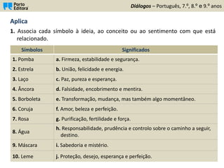 Aplica
1. Associa cada símbolo à ideia, ao conceito ou ao sentimento com que está
relacionado.
Diálogos – Português, 7.º, 8.º e 9.º anos
Símbolos Significados
1. Pomba a. Firmeza, estabilidade e segurança.
2. Estrela b. União, felicidade e energia.
3. Laço c. Paz, pureza e esperança.
4. Âncora d. Falsidade, encobrimento e mentira.
5. Borboleta e. Transformação, mudança, mas também algo momentâneo.
6. Coruja f. Amor, beleza e perfeição.
7. Rosa g. Purificação, fertilidade e força.
8. Água
h. Responsabilidade, prudência e controlo sobre o caminho a seguir,
destino.
9. Máscara i. Sabedoria e mistério.
10. Leme j. Proteção, desejo, esperança e perfeição.
 