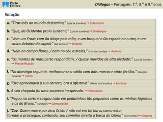 Solução
Diálogos – Português, 7.º, 8.º e 9.º anos
a. “Tirar Inês ao mundo determina,” (Luís de Camões)  Eufemismo
b. “Que, da Ocidental praia Lusitana,” (Luís de Camões)  Sinédoque
c. “Vem um Frade com ũa Moça pela mão, e um broquel e ũa espada na outra, e um
casco debaixo do capelo” (Gil Vicente)  Símbolo
d. “Nem no campo flores, / nem no céu estrelas,” (Luís de Camões)  Anáfora
e. “Os montes de mais perto respondiam, / Quase movidos de alta piedade;” (Luís de Camões)
 Personificação
f. “No domingo seguinte, melhorou-se o saldo com dois mortos e vinte feridos.” (Vergílio
Ferreira)  Ironia
g. “Ora aproximava a sua carreta, ora a afastava” (Mário de Carvalho)  Antítese
h. A sua chegada foi uma surpresa inesperada.  Pleonasmo
i. “Pegou na carta e rasgou tudo em pedacinhos tão pequenos como as minhas lágrimas
e as do Bruno.” (Ondjaki)  Comparação
j. “Cav. Quem morre por Jesu Cristo / não vai em tal barca como essa.
Tornam a prosseguir, cantando, seu caminho direito à barca da Glória” (Gil Vicente)  Alegoria
 