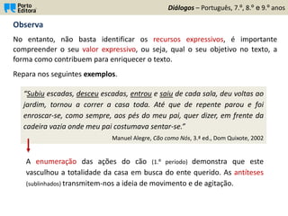 Observa
No entanto, não basta identificar os recursos expressivos, é importante
compreender o seu valor expressivo, ou seja, qual o seu objetivo no texto, a
forma como contribuem para enriquecer o texto.
Repara nos seguintes exemplos.
Diálogos – Português, 7.º, 8.º e 9.º anos
“Subiu escadas, desceu escadas, entrou e saiu de cada sala, deu voltas ao
jardim, tornou a correr a casa toda. Até que de repente parou e foi
enroscar-se, como sempre, aos pés do meu pai, quer dizer, em frente da
cadeira vazia onde meu pai costumava sentar-se.”
Manuel Alegre, Cão como Nós, 3.ª ed., Dom Quixote, 2002
A enumeração das ações do cão (1.º período) demonstra que este
vasculhou a totalidade da casa em busca do ente querido. As antíteses
(sublinhados) transmitem-nos a ideia de movimento e de agitação.
 