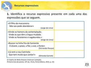 Recursos expressivos
1. Identifica o recurso expressivo presente em cada uma das
expressões que se seguem.
“
(Jorge de Lima)
«O filho do marceneiro
Não vos pode abandonar»
«Vinde os homens da contemplação.
Vinde os que têm a língua mudada.
Vinde os forasteiros e vagabundos.»
(Jorge de Lima)
«Buscar na linha fria do horizonte
A árvore, a praia, a flor, a ave, a fonte»
(Fernando Pessoa)
«Lá vem a nau Catrineta
Que tem muito que contar!» (Almeida Garrett)
(In Sophia de Mello Breyner Andresen (seleção),
Primeiro livro de poesia, 14ª ed., Porto, Porto Editora, 2015, p. 23)
 