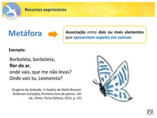 Borboleta, borboleta,
flor do ar,
onde vais, que me não levas?
Onde vais tu, Leonoreta?
Metáfora Associação entre dois ou mais elementos
que apresentam aspetos em comum.
Exemplo:
Recursos expressivos
(Eugénio de Andrade, in Sophia de Mello Breyner
Andresen (seleção), Primeiro livro de poesia, 14ª
ed., Porto, Porto Editora, 2015, p. 23)
 
