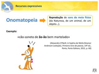 «cão-soneto de ão-ão bem martelado»
Onomatopeia
Reprodução de sons do meio físico
(da Natureza, de um animal, de um
objeto…).
Exemplo:
Recursos expressivos
(Alexandre O'Neill, in Sophia de Mello Breyner
Andresen (seleção), Primeiro livro de poesia, 14ª ed.,
Porto, Porto Editora, 2015, p. 60)
 