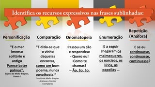 Personificação Comparação Enumeração
Repetição
(Anáfora)
“E o mar
imenso
solitário e
antigo
Parece bater
palmas”.
Sophia de Mello Breyner,
Poesia I
“E dizia-se que
o vinho
daquelas
encostas,
como um bom
poema, nunca
envelhecia.”
Sophia de Mello Breyner
Andresen, Contos
Exemplares
E a seguir
chegaram os
malmequeres,
os narcisos, os
lírios, as
papoilas …
E se eu
continuasse,
continuasse,
continuasse?
Identifica os recursos expressivos nas frases sublinhadas:
Passou um cão
e respondeu:
- Quero eu!
-Como te
chamas?
-- Ão, ão, ão.
Onomatopeia
 