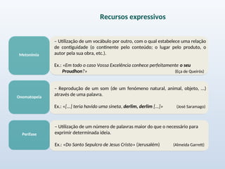 Metonímia
– Utilização de um vocábulo por outro, com o qual estabelece uma relação
de contiguidade (o continente pelo conteúdo; o lugar pelo produto, o
autor pela sua obra, etc.).
Ex.: «Em todo o caso Vossa Excelência conhece perfeitamente o seu
Proudhon?» (Eça de Queirós)
Onomatopeia
– Reprodução de um som (de um fenómeno natural, animal, objeto, ...)
através de uma palavra.
Ex.: «[...] teria havido uma sineta, derlim, derlim [...]» (José Saramago)
Perífase
– Utilização de um número de palavras maior do que o necessário para
exprimir determinada ideia.
Ex.: «Do Santo Sepulcro de Jesus Cristo» (Jerusalém) (Almeida Garrett)
Recursos expressivos
 