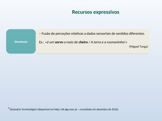 Sinestesia
– Fusão de perceções relativas a dados sensoriais de sentidos diferentes.
Ex.: «é um sorvo a mais de cheiro / A terra e a rosmaninho!»
(Miguel Torga)
Recursos expressivos
*Dicionário Terminológico (disponível em http://dt.dge.mec.pt – consultado em dezembro de 2016).
 