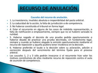 










Causales del recurso de anulación.
1. La inexistencia, invalidez absoluta o inoponibilidad del pacto arbitral.
2. La caducidad de la acción, la falta de jurisdicción o de competencia.
3. No haberse constituido el tribunal en forma legal.
4. Estar el recurrente en alguno de los casos de indebida representación, o
falta de notificación o emplazamiento, siempre que no se hubiere saneado la
nulidad.
5. Haberse negado el decreto de una prueba pedida oportunamente o
haberse dejado de practicar una prueba decretada, sin fundamento legal,
siempre y cuando se hubiere alegado la omisión oportunamente mediante el
recurso de reposición y aquella pudiera tener incidencia en la decisión.
6. Haberse proferido el laudo o la decisión sobre su aclaración, adición o
corrección después del vencimiento del término fijado para el proceso
arbitral.
Las causales 1, 2 y 3 sólo podrán invocarse si el recurrente hizo valer los
motivos constitutivos de ellas mediante recurso de reposición contra el auto
de asunción de competencia.

 