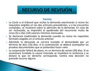 






Trámite.
La Corte o el tribunal que reciba la demanda examinarán si reúne los
requisitos exigidos en los dos artículos precedentes, y si los encuentra
cumplidos, se resolverá sobre la admisión de la demanda. En caso de
ser rechazada, se impondrá al apoderado del recurrente multa de
cinco (5) a diez (10) salarios mínimos mensuales.
Se declarará inadmisible la demanda cuando no reúna los requisitos
formales exigidos en el artículo anterior.
Admitida la demanda se correrá traslado al demandado por un
término de diez (10) días. A la contestación se deberá acompañar las
pruebas documentales que se pretendan hacer valer.
La corporación fallará de plano, en un término de veinte (20) días. Si se
encontrare fundada la causal invocada se invalidará la sentencia y se
dictará la que en derecho corresponda. Contra esta decisión no
procede recurso alguno.

 