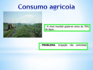 A nível mundial gasta-se cerca de 70%
   de água…




PROBLEMA:    Irrigação   não   controlada
 