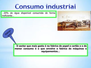 20% de água disponível consumida de forma
ineficiente…




         O sector que mais gasta é no fabrico de papel e cartão e o de
         menor consumo é o que envolve o fabrico de máquinas e
                               equipamentos…
 