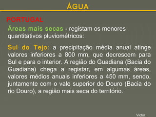 ÁGUA
PORTUGAL
Áreas mais secas - registam os menores
quantitativos pluviométricos:
Sul do Tejo: a precipitação média anual atinge
valores inferiores a 800 mm, que decrescem para
Sul e para o interior. A região do Guadiana (Bacia do
Guadiana) chega a registar, em algumas áreas,
valores médios anuais inferiores a 450 mm, sendo,
juntamente com o vale superior do Douro (Bacia do
rio Douro), a região mais seca do território.

Victor

 