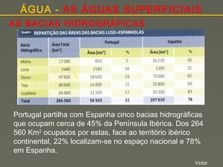 ÁGUA - AS ÁGUAS SUPERFICIAIS
AS BACIAS HIDROGRÁFICAS

Portugal partilha com Espanha cinco bacias hidrográficas
que ocupam cerca de 45% da Península Ibérica. Dos 264
560 Km2 ocupados por estas, face ao território ibérico
continental, 22% localizam-se no espaço nacional e 78%
em Espanha.
Victor

 