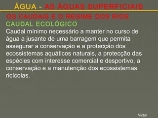 ÁGUA - AS ÁGUAS SUPERFICIAIS
OS CAUDAIS E O REGIME DOS RIOS
CAUDAL ECOLÓGICO
Caudal mínimo necessário a manter no curso de
água a jusante de uma barragem que permita
assegurar a conservação e a protecção dos
ecossistemas aquáticos naturais, a protecção das
espécies com interesse comercial e desportivo, a
conservação e a manutenção dos ecossistemas
ricícolas.

Victor

 