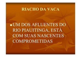 RIACHO DA VACA


   UM DOS AFLUENTES DO
    RIO PIAUITINGA, ESTÁ
                       Á
    COM SUAS NASCENTES
    COMPROMETIDAS
 