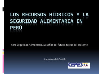 LOS RECURSOS HÍDRICOS Y LA
SEGURIDAD ALIMENTARIA EN
PERÚ
Foro Seguridad Alimentaria, Desafíos del futuro, tareas del presente

Laureano del Castillo

 