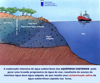 Associação
                                                       Portuguesa dos
                                                       Recursos Hídricos




           Furo de captação


Aquífero
                                    Interface
                              Água doce-água salgada



                                                                           Mar
                                                         Água
                                                         salgada




A exploração intensiva de água subterrânea dos AQUÍFEROS COSTEIROS pode
   gerar uma invasão progressiva da água do mar, resultante do avanço da
interface água doce-água salgada, de que resulta uma contaminação salina da
                                    água subterrânea captada nos furos.
 