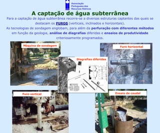 Associação
                                        Portuguesa dos
                                        Recursos Hídricos

               A captação de água subterrânea
Para a captação de água subterrânea recorre-se a diversas estruturas captantes das quais se
                 destacam os FUROS (verticais, inclinados e horizontais).
As tecnologias de sondagem englobam, para além da perfuração com diferentes métodos
   em função da geologia, análise de diagrafias diferidas e ensaios de produtividade
                              criteriosamente programados.

          Máquina de sondagem                                         Furo horizontal



                                            Diagrafias diferidas




         Furo vertical                                             Ensaio de caudal
 