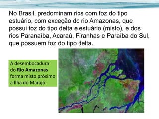 No Brasil, predominam rios com foz do tipo
estuário, com exceção do rio Amazonas, que
possui foz do tipo delta e estuário (misto), e dos
rios Paranaíba, Acaraú, Piranhas e Paraíba do Sul,
que possuem foz do tipo delta.
A desembocadura
do Rio Amazonas
forma misto próximo
a Ilha do Marajó.

 