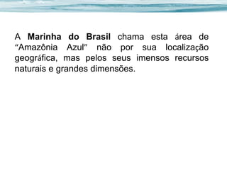 A Marinha do Brasil chama esta área de
“Amazônia Azul” não por sua localização
geográfica, mas pelos seus imensos recursos
naturais e grandes dimensões.

 