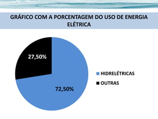 GRÁFICO COM A PORCENTAGEM DO USO DE ENERGIA
ELÉTRICA

27,50%
HIDRELÉTRICAS
OUTRAS

72,50%

 
