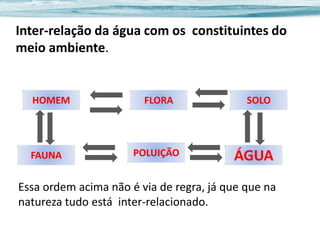 Inter-relação da água com os constituintes do
meio ambiente.

HOMEM

FAUNA

FLORA

POLUIÇÃO

SOLO

ÁGUA

Essa ordem acima não é via de regra, já que que na
natureza tudo está inter-relacionado.

 
