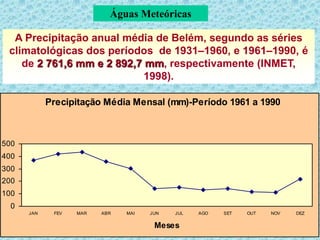 Águas Meteóricas
A Precipitação anual média de Belém, segundo as séries
climatológicas dos períodos de 1931–1960, e 1961–1990, é
de 2 761,6 mm e 2 892,7 mm, respectivamente (INMET,
1998).
Precipitação Média Mensal (mm)-Período 1961 a 1990
0
100
200
300
400
500
JAN FEV MAR ABR MAI JUN JUL AGO SET OUT NOV DEZ
Meses
 