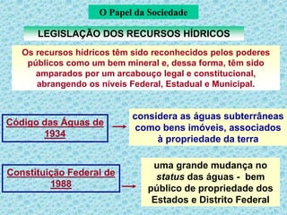 O Papel da Sociedade
LEGISLAÇÃO DOS RECURSOS HÍDRICOS
Os recursos hídricos têm sido reconhecidos pelos poderes
públicos como um bem mineral e, dessa forma, têm sido
amparados por um arcabouço legal e constitucional,
abrangendo os níveis Federal, Estadual e Municipal.
Código das Águas de
1934
Constituição Federal de
1988
considera as águas subterrâneas
como bens imóveis, associados
à propriedade da terra
uma grande mudança no
status das águas - bem
público de propriedade dos
Estados e Distrito Federal
 