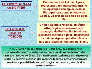 Lei Federal Nº 9.433
de 8/01/1997
Denominada de Lei das Águas,
representou um marco importante
na legislação das águas: Bacias
Hidrográficas como unidade de
Gestào, Cobrança pelo uso da água,
etc.
Lei Federal Nº
9.984 de
7/06/2000
Criou a Agência Nacional de Água –
ANA, órgão responsável pela
execução da Política Nacional dos
Recursos Hídricos e pela implantação
da Lei das Águas, que disciplina o
uso dos recursos hídricos no Brasil.
A lei 9433/97, lei das águas e a lei 9984/00, que criou a ANA
representam marcos históricos no processo de gerenciamento dos
recursos hídricos no Brasil. Elas modificaram totalmente as relações de
poder no controle e gestão dos recursos hídricos, proporcionaram aos
usuários a possibilidade de participação no processo, através dos
comitês de bacia.
 