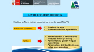 LEY DE RECURSOS HÍDRICOS
Establece un Nuevo régimen económico por el uso del agua (Titulo VI)
Retribución Económica:
• Por el uso del agua
• Por el vertimiento de agua residual
Tarifa :
• Por utilización de la infraestructura
hidráulica (mayor y/o menor)
• Por monitoreo y gestión de aguas
subterráneas
• Por servicio de distribución del agua
en los usos sectoriales
PERÚ Ministerio
de Agricultura
Autoridad Nacional
del Agua
Administración
Local de Agua Mala
Omas Cañete
 