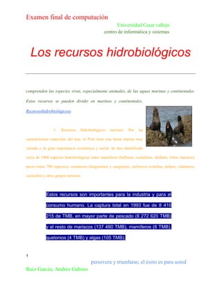 Examen final de computación
Universidad Cesar vallejo
centro de informática y sistemas

Los recursos hidrobiológicos
comprenden las especies vivas, especialmente animales, de las aguas marinas y continentales.
Estos recursos se pueden dividir en marinos y continentales.
Recursoshidrobiológicoss

1.

Recursos

hidrobiológicos

marinos:

Por

las

características especiales del mar, el Perú tiene una fauna marina muy
variada y de gran importancia económica y social. Se han identificado
cerca de 1000 especies hidrobiológicas entre mamíferos (ballenas, cachalotes, delfines, lobos marinos),
peces (unas 700 especies), crustáceos (langostinos y cangrejos), moluscos (conchas, pulpos, calamares,
caracoles) y otros grupos menores.

Estos recursos son importantes para la industria y para el
consumo humano. La captura total en 1993 fue de 8 410
215 de TMB, en mayor parte de pescado (8 272 620 TMB)
y el resto de mariscos (137 480 TMB), mamíferos (6 TMB),
quelonios (4 TMB) y algas (105 TMB).

1

persevera y triunfaras; el éxito es para usted
Ruiz Garcia, Andres Gabino

 